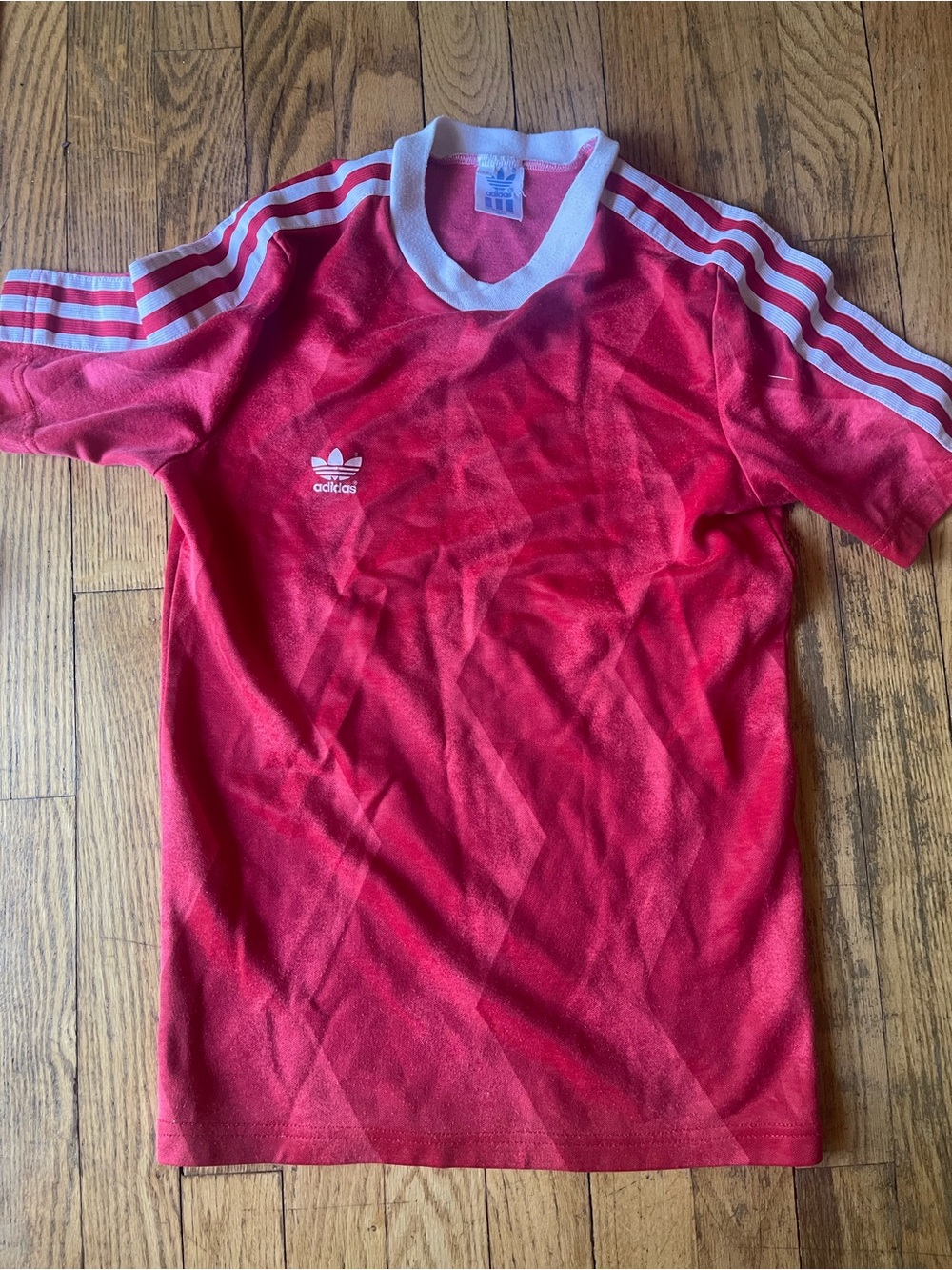 adidas Kids Red Short Sleeve Three-Stripe Tee with White Accents